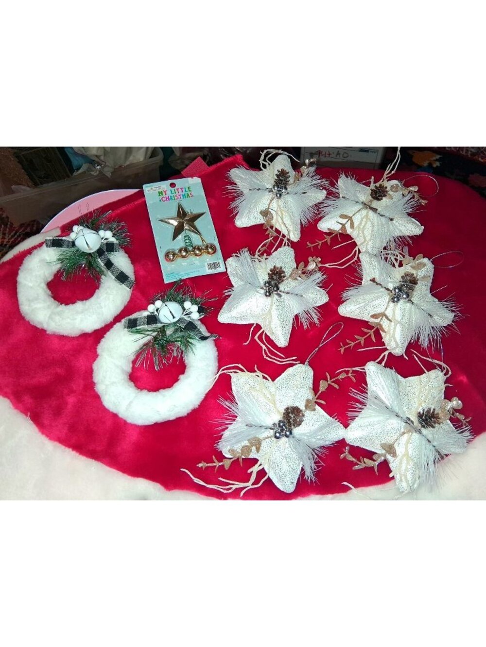 Christmas Ornament Set - 9 Pcs Includes 6 Fabric Stars 2 Door Hangers & Gold Tre
